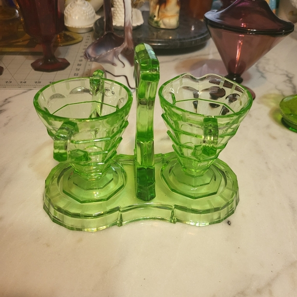 Uranium glass creamer sugar set with stand - Picture 1 of 1
